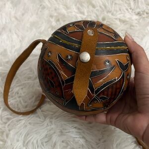 Handmade in Antigua Gourd Purse With Leather Straps Fish Design